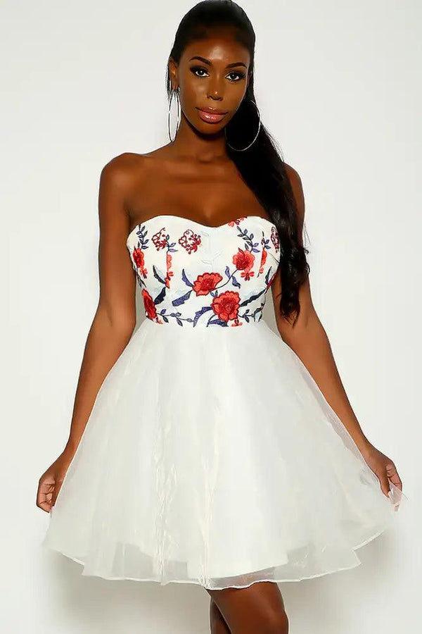 White Floral Print Strapless Party Dress