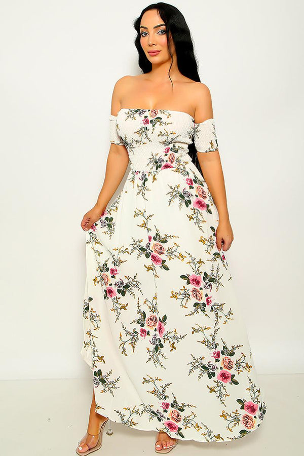 White Floral Shirred Wide Hem Off Shoulder Maxi Dress