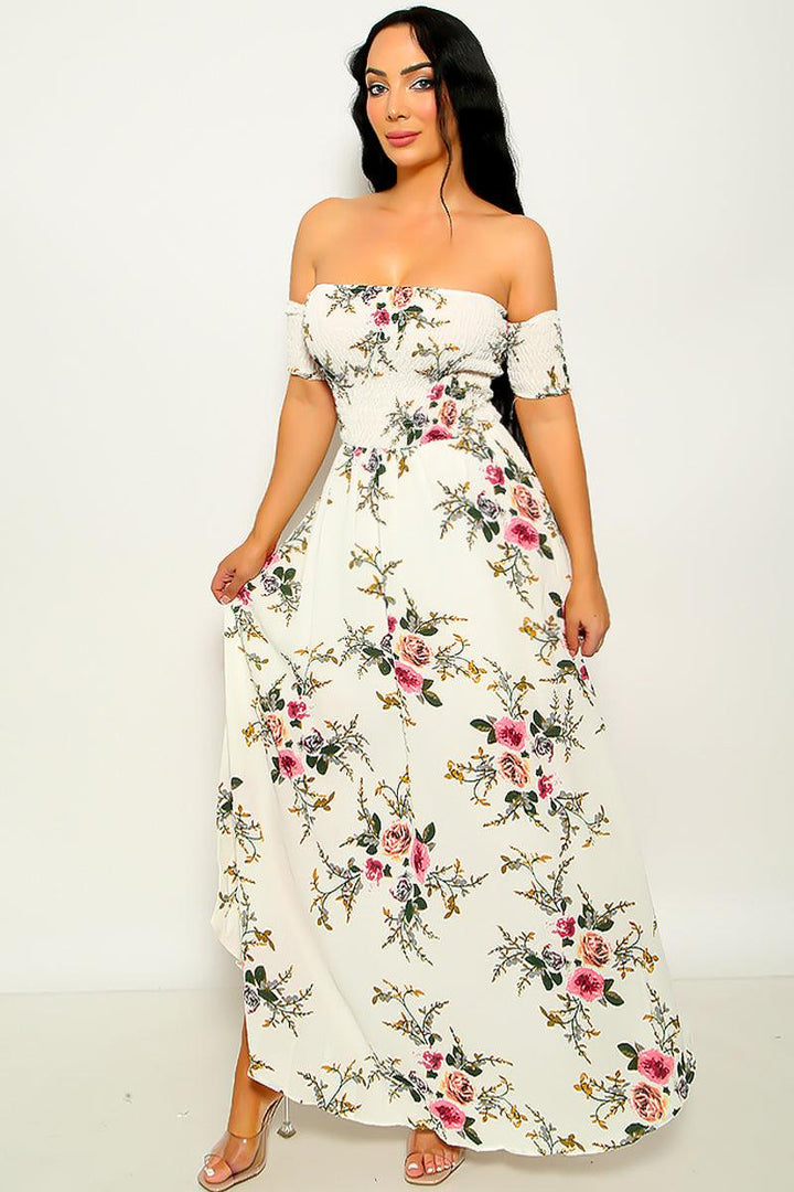 White Floral Shirred Wide Hem Off Shoulder Maxi Dress