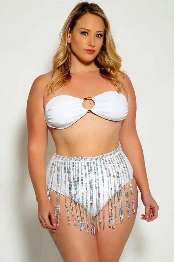 White Fringe Sequins Bandeau Plus Size Two Piece Swimsuit