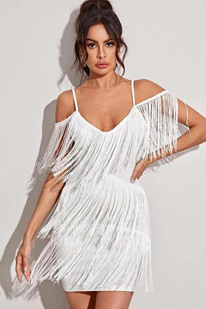 White Fringe Sleeveless Sexy Party Dress