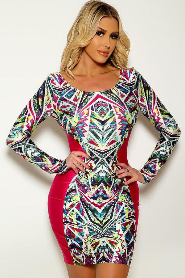 White Fuchsia Graphic Long Sleeve Zip Up Sexy Party Dress