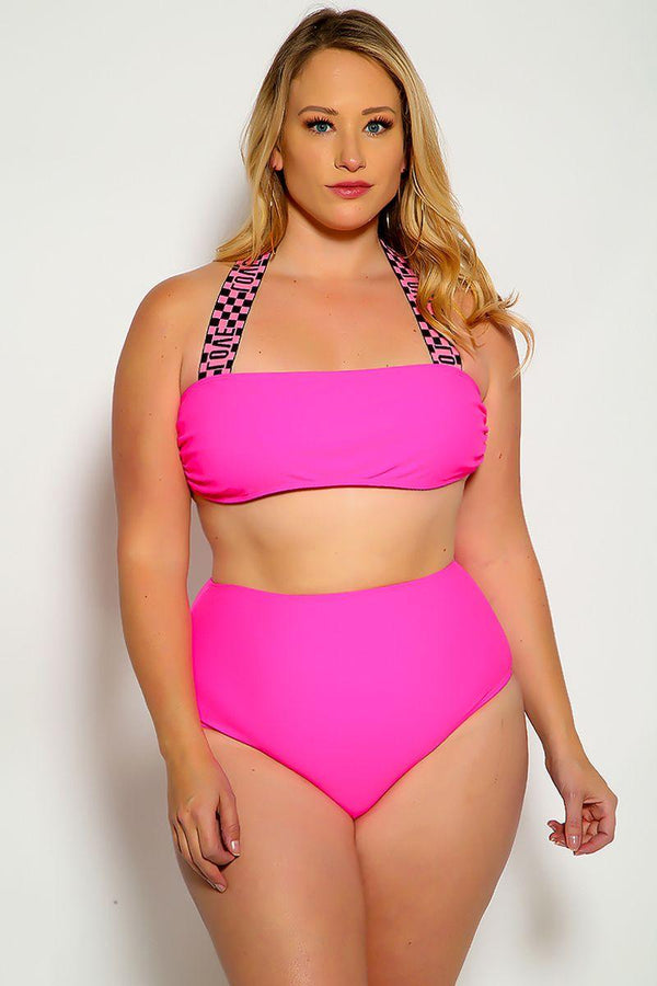 White Fuchsia Love Print Halter Bandeau High Waist Plus Size Swimsuit