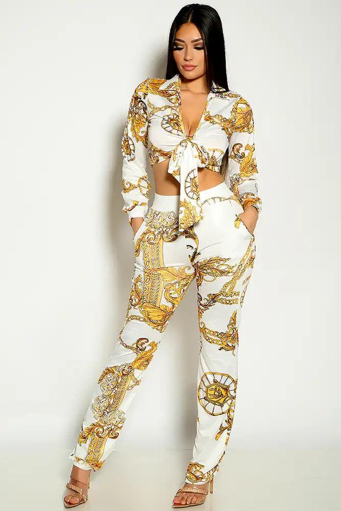 White Gold Long Sleeve Graphic Print Cropped Flared Two Piece Outfit