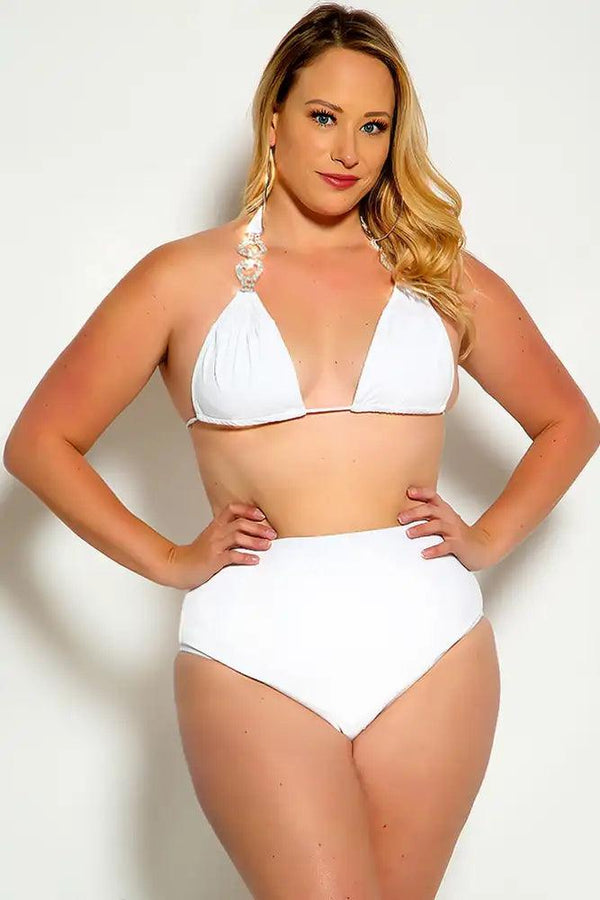 White Halter Rhinestone Detail High Waist Plus Size Two Piece Swimsuit