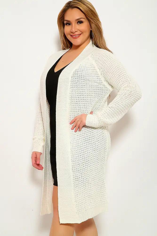 White Knitted Long Sleeve Plus Size Cardigan