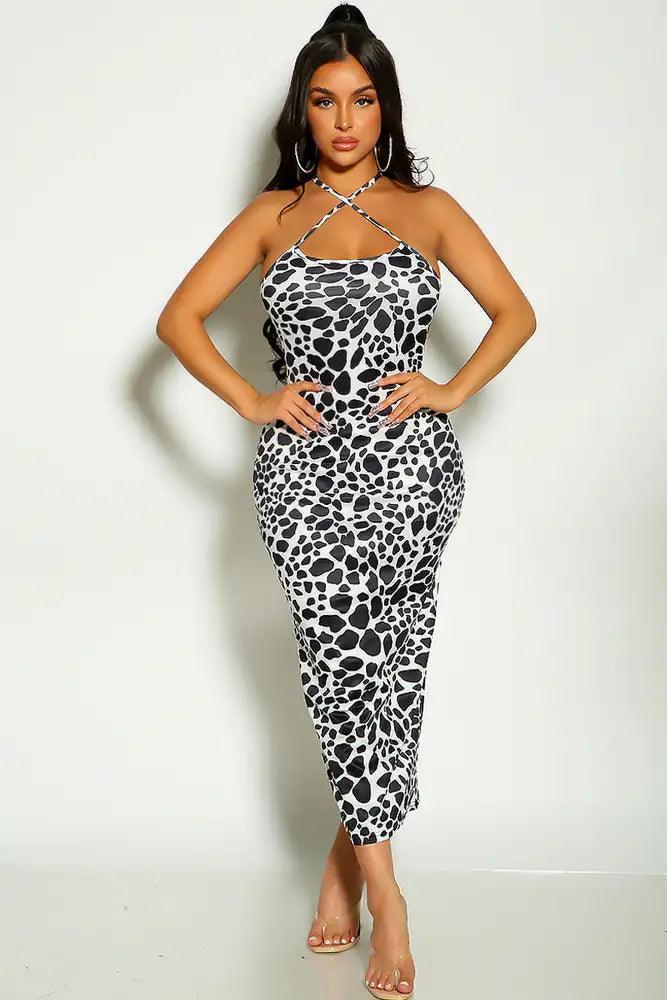 White Leopard Print Halter Cross Strap Midi Dress