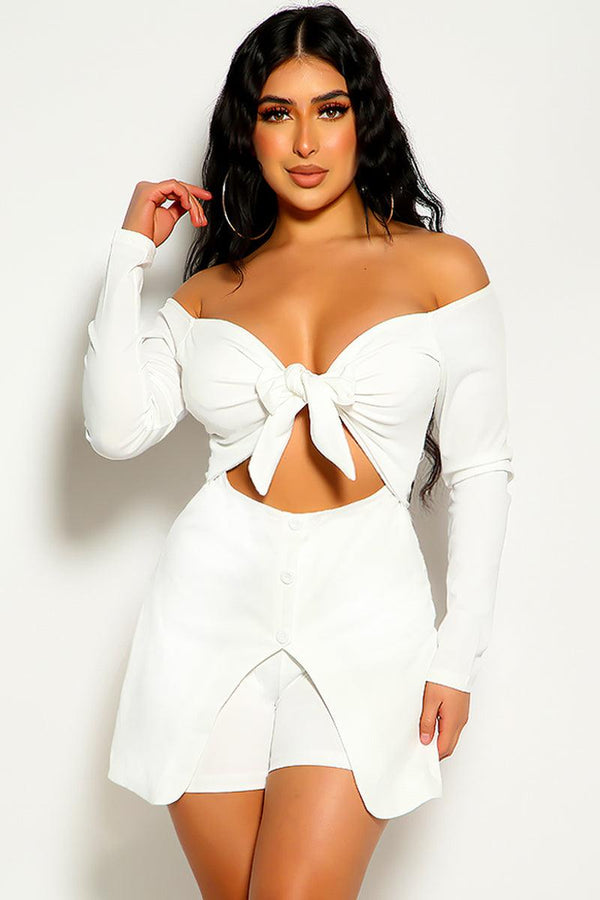 White Long Sleeve Knot Detail Off The Shoulder Romper