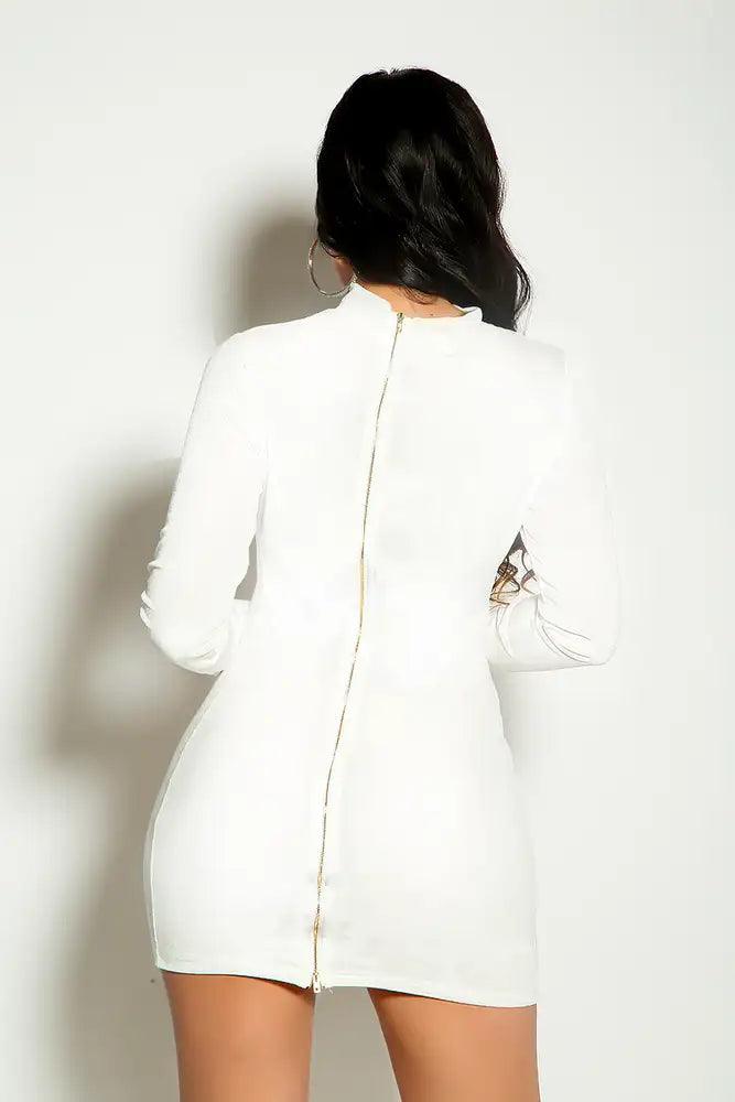 White Long Sleeve Mock Neck Velvet Party Dress