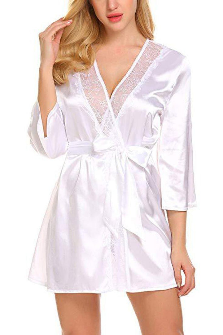 White Long Sleeve Satin Lace Trim Belted Robe