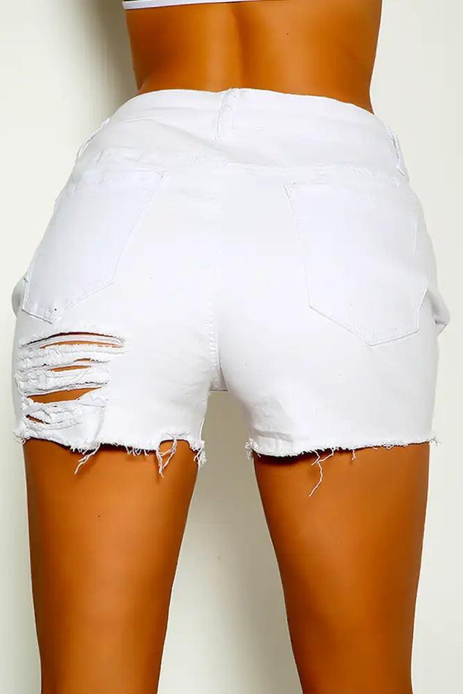 White Mid Rise Distressed Denim Shorts
