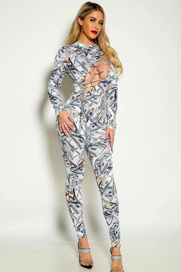 White Money Print Long Sleeve Lace Up Fitted Jumpsuit