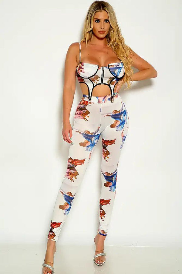 White Multi Angel Print Sleeveless Cropped Zip Up Two Piece Outfit