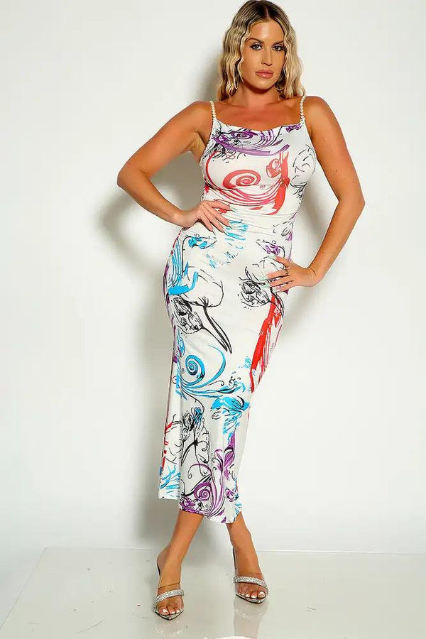 White Multi Pearl Sleeveless Detail Two Tone Midi Dress