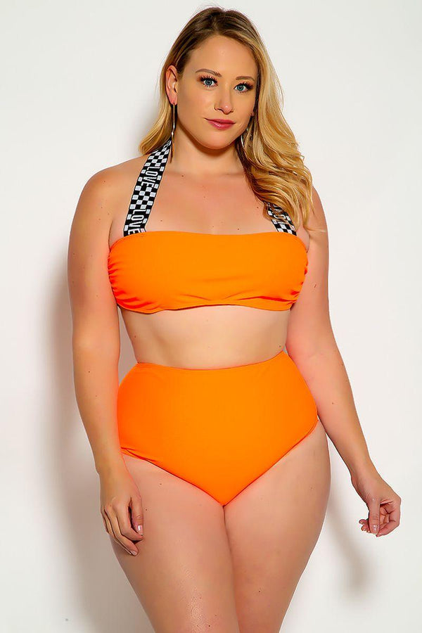 White Neon Orange Love Print Halter Bandeau High Waist Plus Size Swimsuit