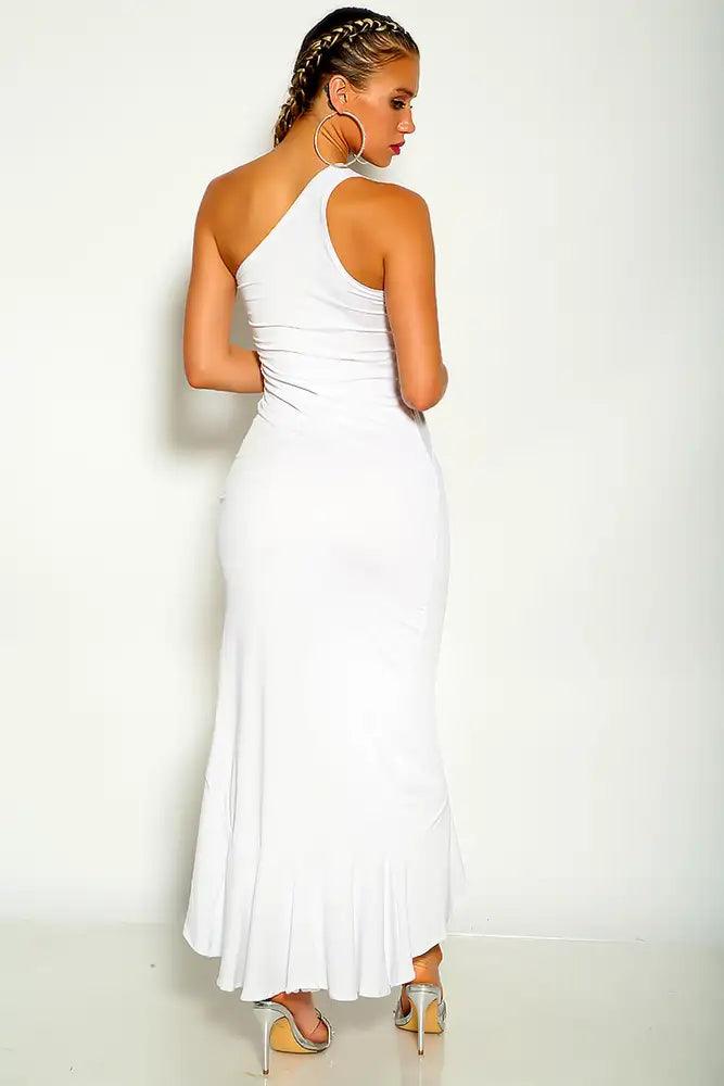 White One Shoulder Side Knot Ruffled Side Slit Dress
