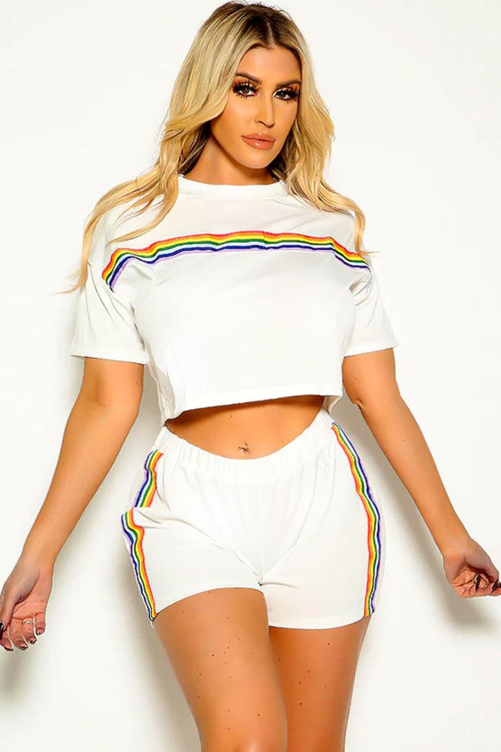 White Rainbow Striped Short Sleeve Crop Top & Shorts Set