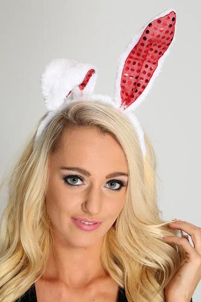 White Red Sequin Faux Fur Bunny Ears