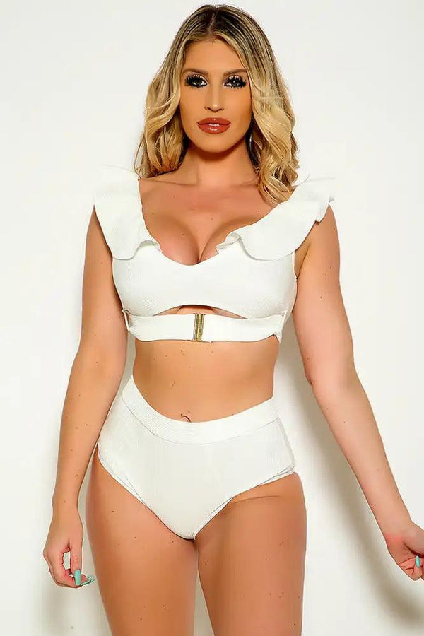White Ribbed Ruffled High Polish Detail High Waist Two Piece Swimsuit