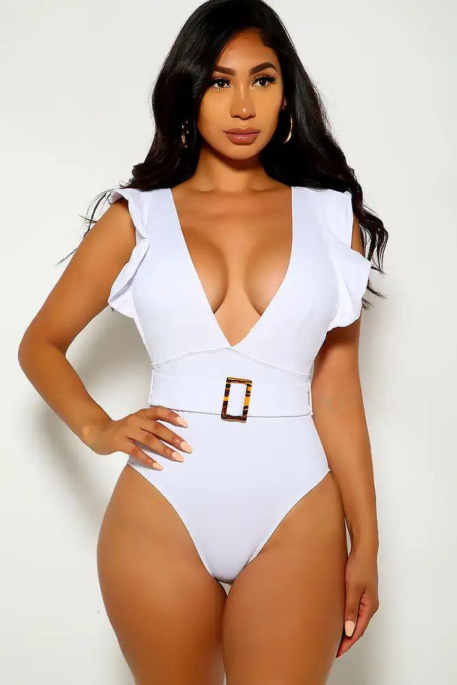White Ruffled V-Cut One Piece Swimsuit