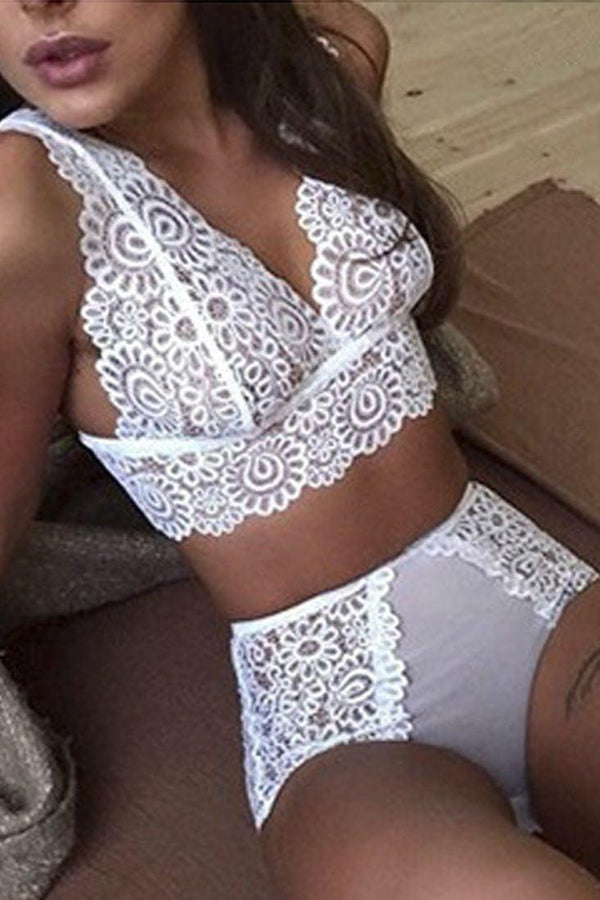White Sleeveless Lace High Waist Two Piece Lingerie