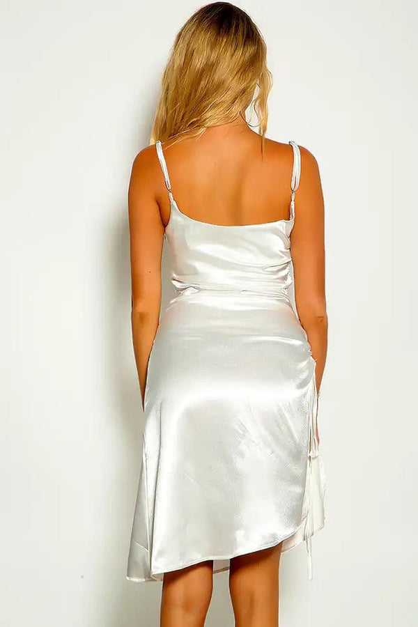 White Sleeveless Ruched Faux Satin Party Dress