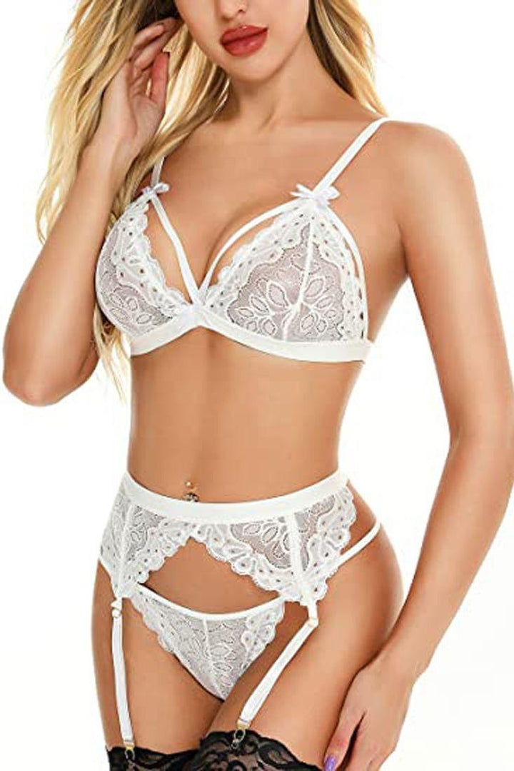 White Strappy Lace Bra Garter Pantie Lingerie Set