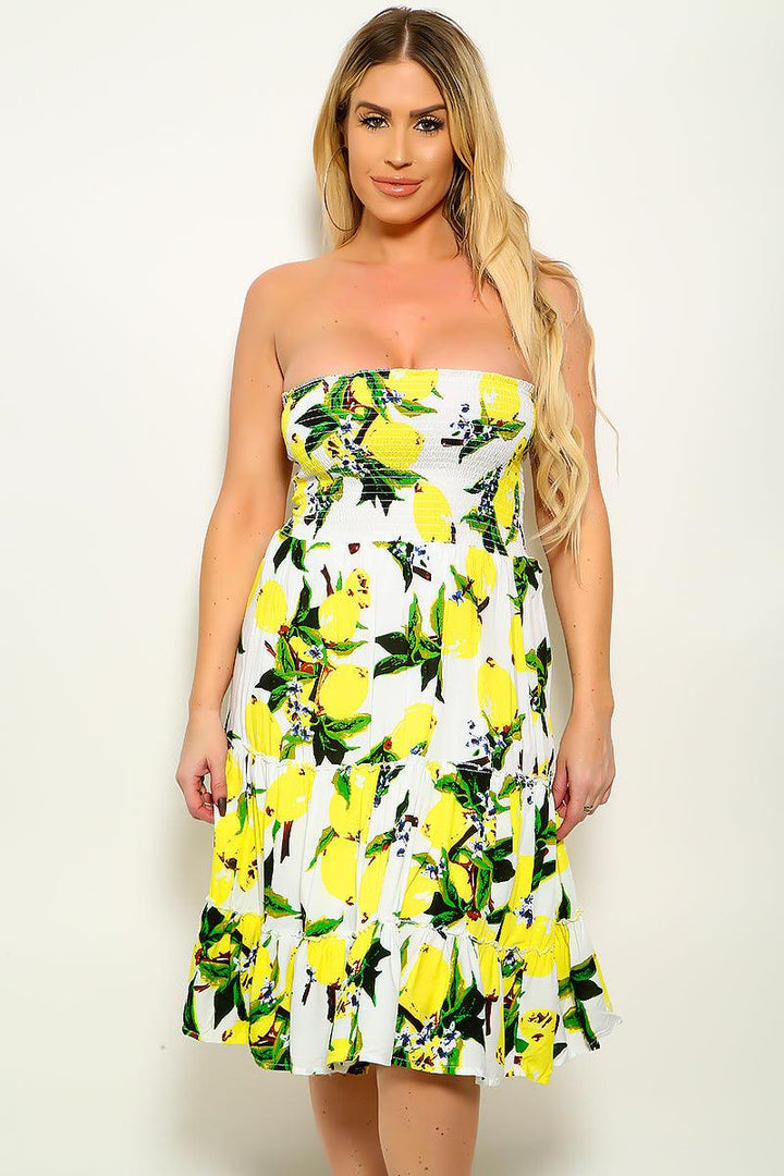 White Yellow Lemon Print Strapless Summer Dress