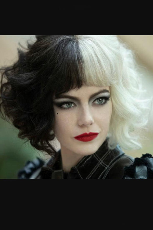 Black White Mid Length Wavy Two Tone Cruella Wig Costume Accessory