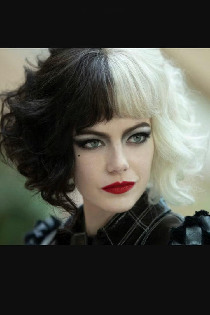 Black White Mid Length Wavy Two Tone Cruella Wig Costume Accessory