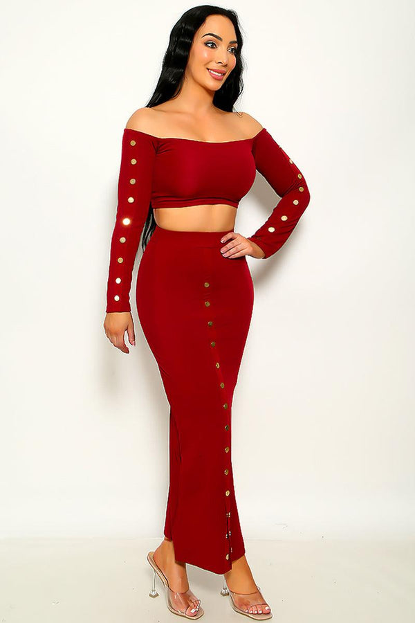 Wine Button Detail Ribbed Top With Maxi Skirt Set