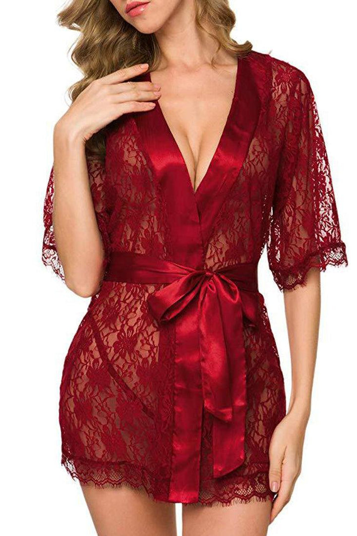 Wine Floral Lace Mid Sleeve Lingerie Robe 3 Pc Set