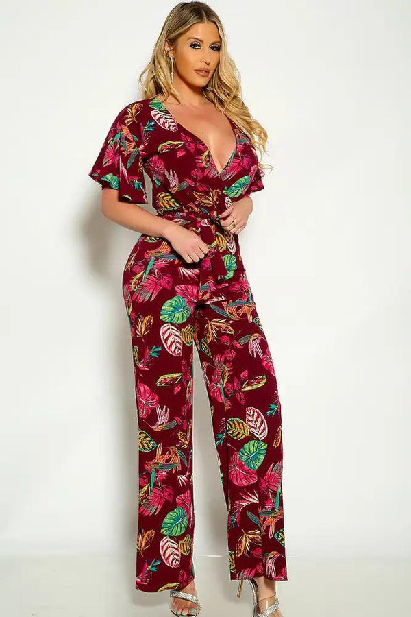 Wine Floral Short Sleeve Belted Flared Jumpsuit