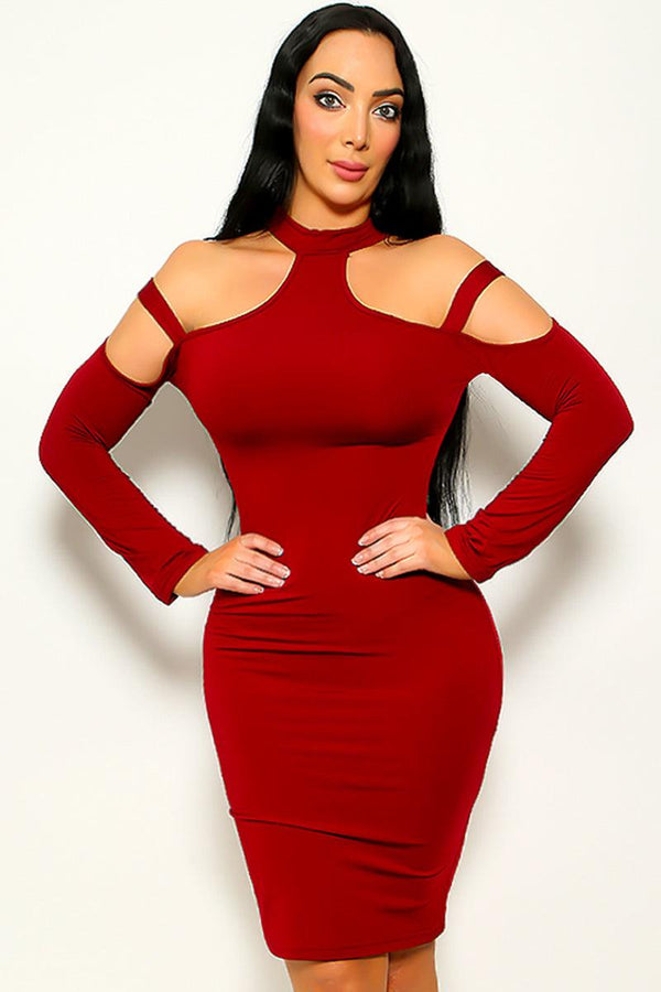 Wine Hollow Out Choker Neck Long Sleeve Dress