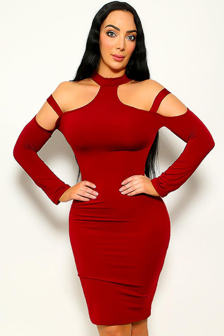 Wine Hollow Out Choker Neck Long Sleeve Dress