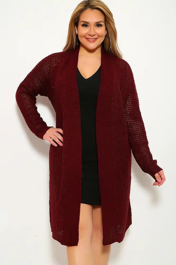 Wine Knitted Long Sleeve Plus Size Cardigan
