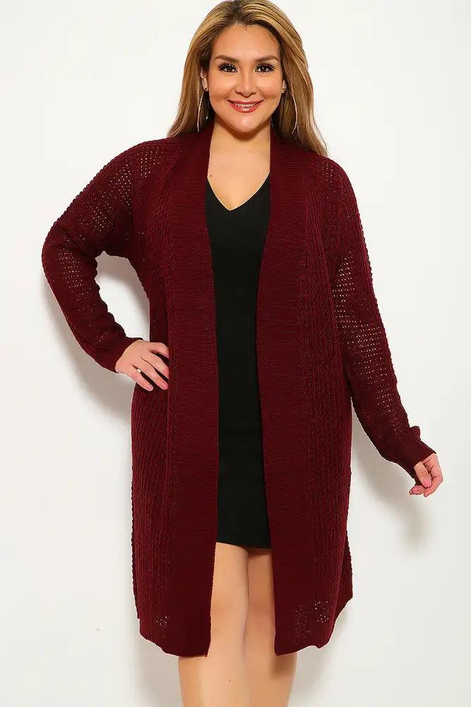 Wine Knitted Long Sleeve Plus Size Cardigan