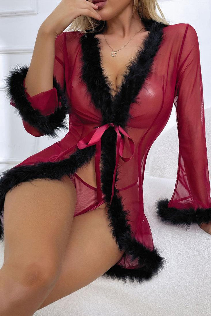 Wine Mesh Black Fur Trim Robe Thong 2Pc Lingerie Set