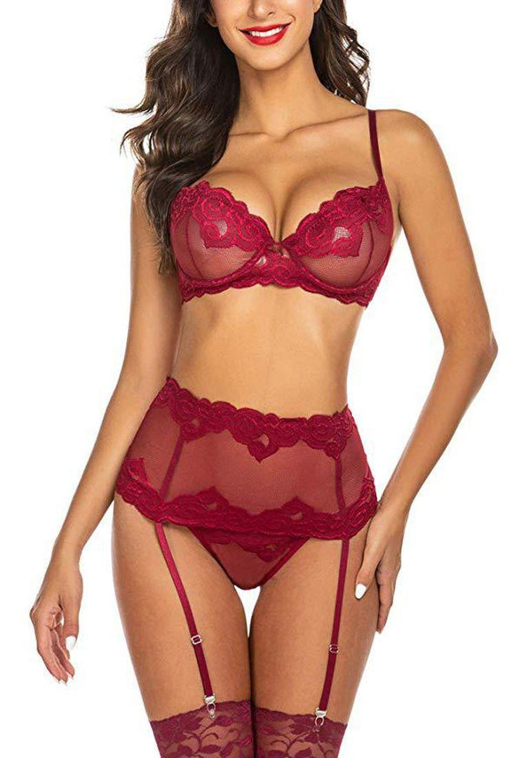 Wine Mesh Embroidered Gartered Three Piece Lingerie