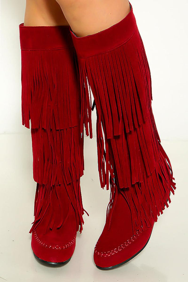 Wine  Moccasin Fringe Knee High Suede Flat Boots