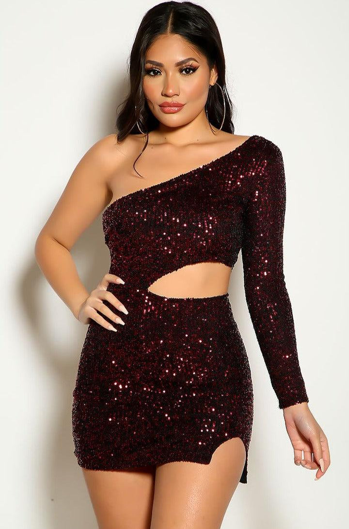 Wine One Shoulder Long Sleeve Cut Out Sequins Party Dress