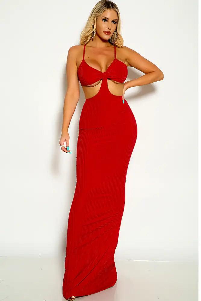 Wine Sleeveless Cut Out Ribbed Maxi Dress