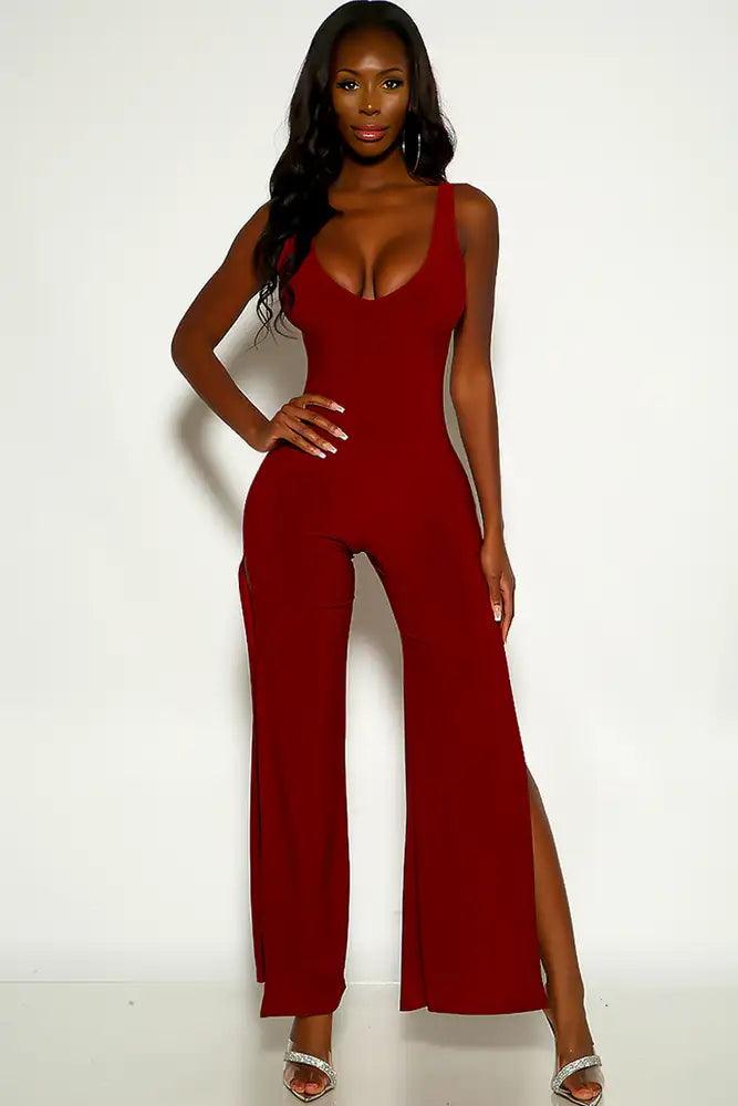 Wine Sleeveless Double Slit Jumpsuit