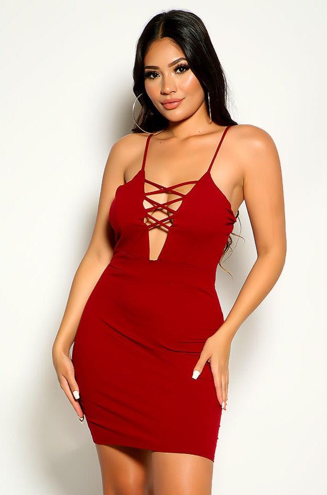 Wine Sleeveless Plunging Neckline Crossed Straps Sexy Party Dress
