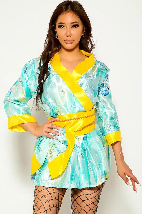 Yellow Green Sexy Kimono 3 Piece Costume