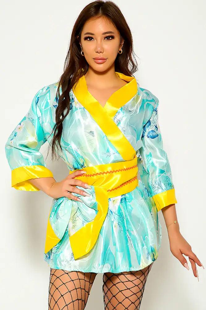 Yellow Green Sexy Kimono 3 Piece Costume