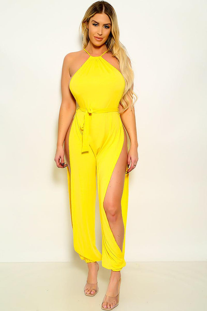 Yellow Halter Side Cut Out Belted Sexy Jumpsuit