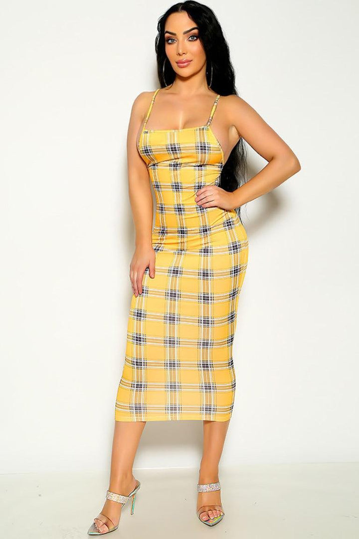 Yellow Plaid Criss-Cross Back Sexy Midi Party Dress