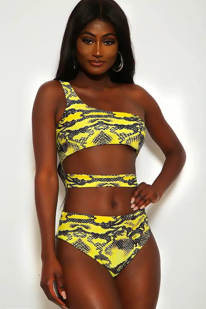 Yellow Snake Print Three Piece Swimsuit